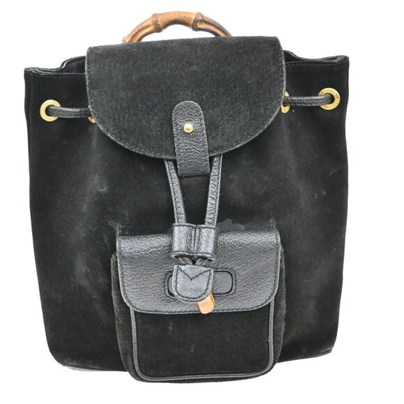 GUCCI Logo GG Pattern Bamboo Backpack Bag Suede Canvas Black SHW Italy main image 11